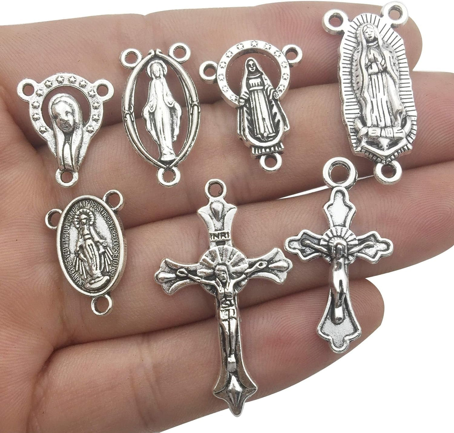 100G (60Pcs) Antique Silver Cross Jesus Maria Our Lady Miraculous Centerpiece Crucifix Medal Charms Pendants for Crafting, Jewelry Findings Making Accessory for DIY Rosary Necklace Bracelet (M154) - WORLD TIME VISITS