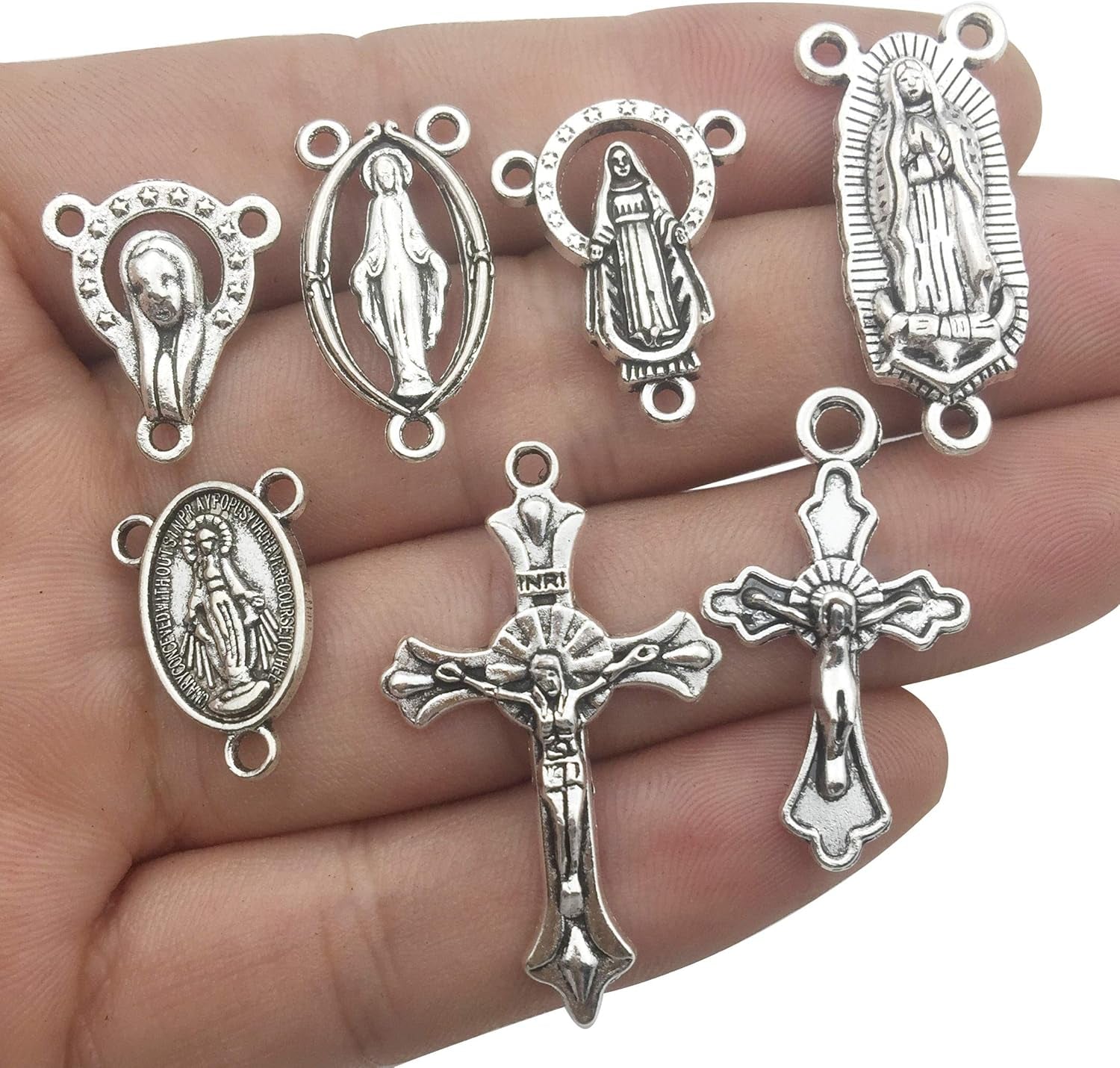100G (60Pcs) Antique Silver Cross Jesus Maria Our Lady Miraculous Centerpiece Crucifix Medal Charms Pendants for Crafting, Jewelry Findings Making Accessory for DIY Rosary Necklace Bracelet (M154) - WORLD TIME VISITS