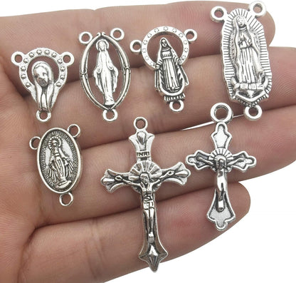 100G (60Pcs) Antique Silver Cross Jesus Maria Our Lady Miraculous Centerpiece Crucifix Medal Charms Pendants for Crafting, Jewelry Findings Making Accessory for DIY Rosary Necklace Bracelet (M154) - WORLD TIME VISITS