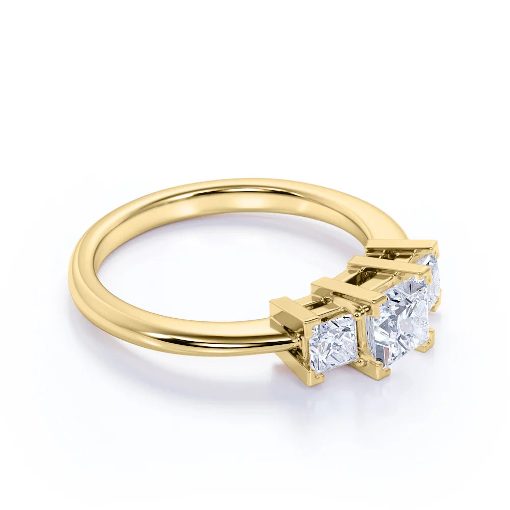 Modern 0.50 Carat Princess Cut Diamond - 3 Stone Engagement Ring - past Present Future Ring - 10K Yellow Gold