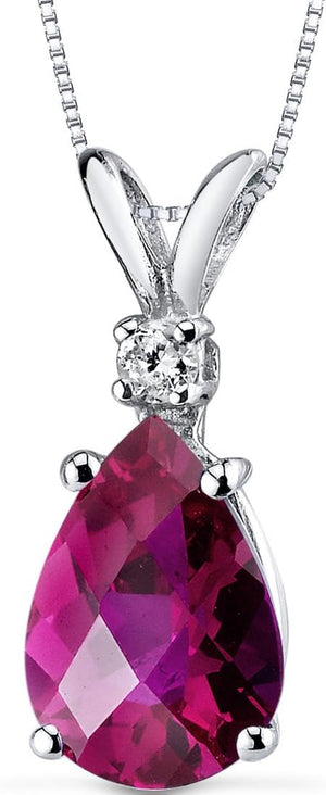 14K White Gold 2.50 Carats Created Ruby with Genuine Diamond Pendant, Elegant Teardrop Solitaire, AAA Grade Pear Shape 10X7Mm