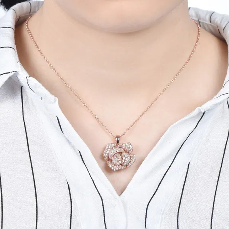 CANDICE Exquisite Banquet Party Jewelry Set for Women White Gold Plated Micro Inlaid AAA CZ Rose Flower Drop Necklace Silver Plated Earrings with Adjustable Ring