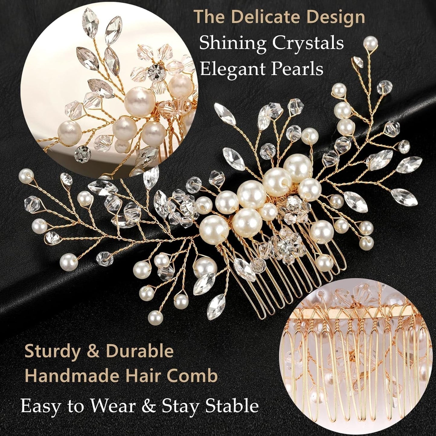 Hair Comb and 4 Pins Bridal Hair Accessories, Pearl Crystal Rhinestone Wedding Hair Comb and Hair Pins for Brides Bridesmaids Women Girls (Gold, 5 Pieces)