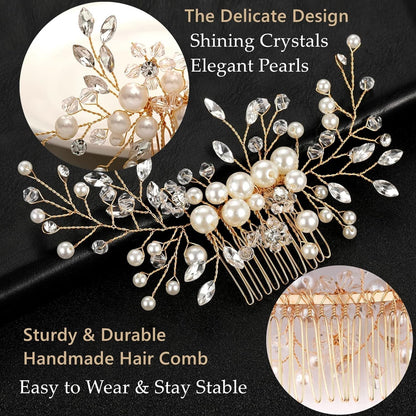 Hair Comb and 4 Pins Bridal Hair Accessories, Pearl Crystal Rhinestone Wedding Hair Comb and Hair Pins for Brides Bridesmaids Women Girls (Gold, 5 Pieces)