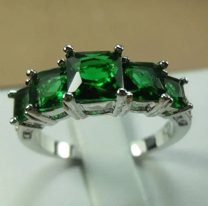 Natural 3.28CT Emerald Diamond 14K White Gold Ring Size 6-10