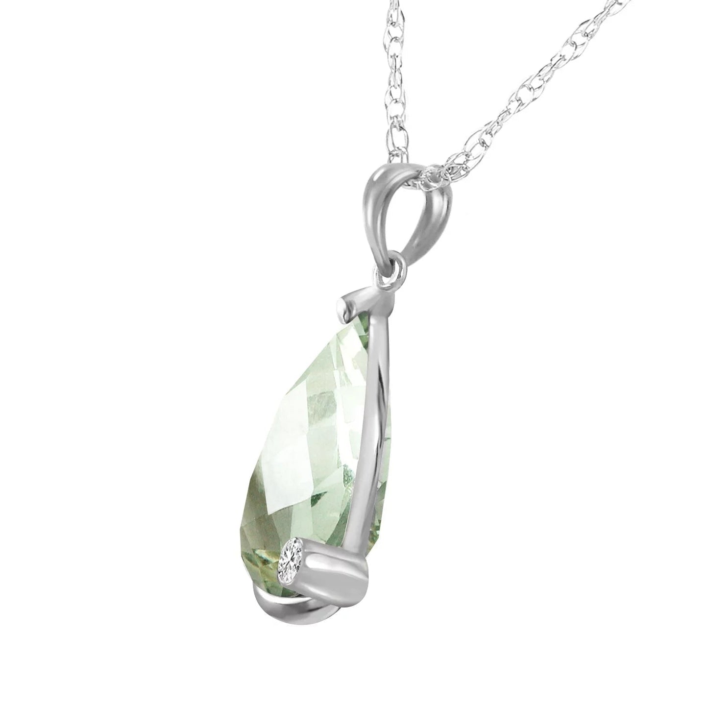 5.04 CT 14K 24" White Gold Necklace Natural Briolette Checkerboard Cut Green Amethyst and Diamond Pendant
