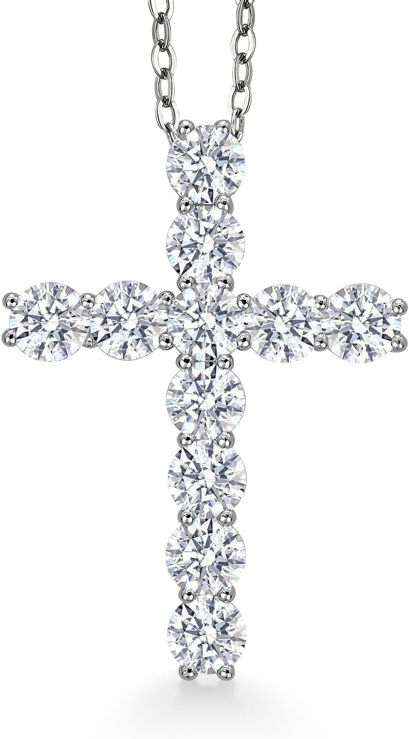 Moissanite Cross Necklace | 925 Sterling Silver | 2.53 Cttw | 1.20 Inch | Jesus Christian Religious Crucifix Jewelry Pendant Necklace for Women | with 18 Inch Silver Chain - WORLD TIME VISITS