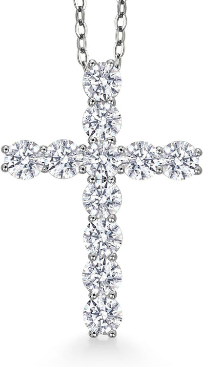 Moissanite Cross Necklace | 925 Sterling Silver | 2.53 Cttw | 1.20 Inch | Jesus Christian Religious Crucifix Jewelry Pendant Necklace for Women | with 18 Inch Silver Chain - WORLD TIME VISITS
