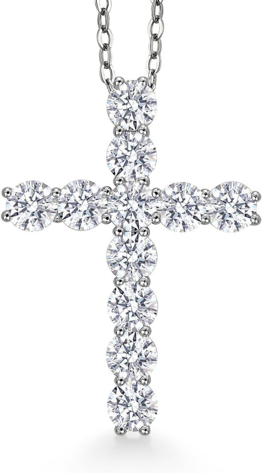 Moissanite Cross Necklace | 925 Sterling Silver | 2.53 Cttw | 1.20 Inch | Jesus Christian Religious Crucifix Jewelry Pendant Necklace for Women | with 18 Inch Silver Chain - WORLD TIME VISITS