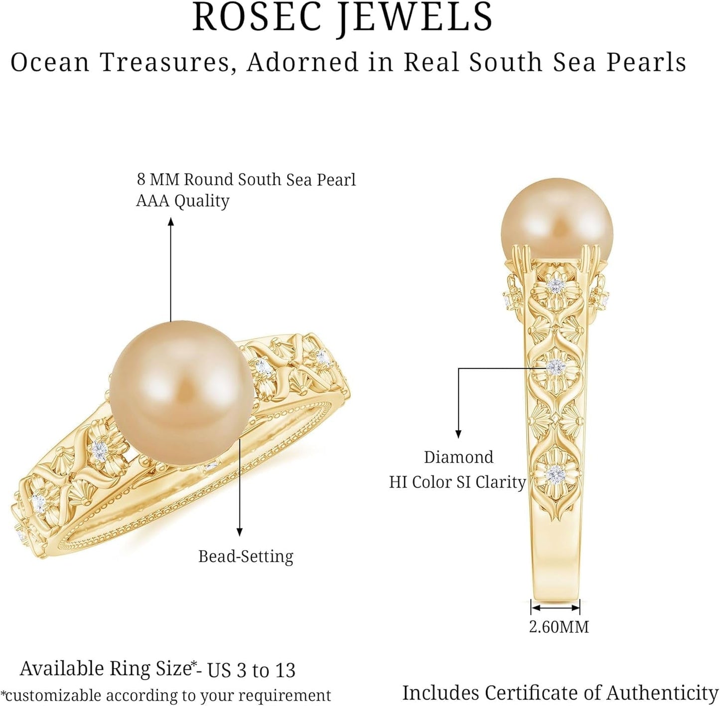 Real Golden Pearl Diamond Engagement Ring, AAA Quality, South Sea Pearl Flower Ring - Ready to Gift