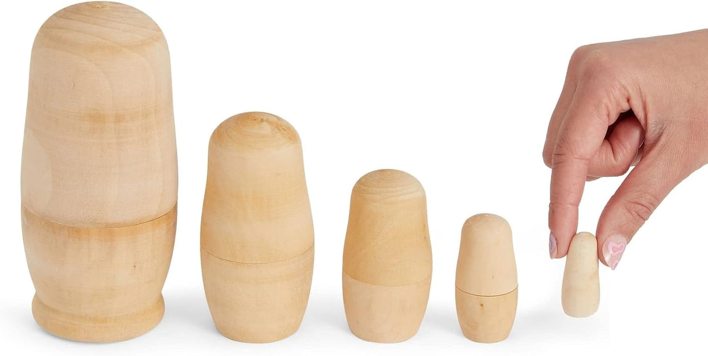 5 Piece Set of Unpainted Blank Russian Nesting Dolls for DIY Crafts, Art Projects