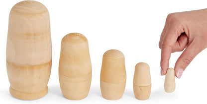 5 Piece Set of Unpainted Blank Russian Nesting Dolls for DIY Crafts, Art Projects