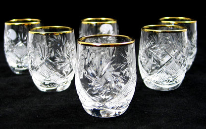 SET of 6 Russian Cut Crystal Shot Shooter Glasses 24K Gold Rimmed 1.7 Oz. Vodka Liquor Old-Fashioned Glassware Hand Made