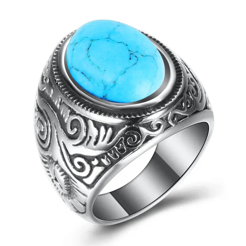 Vintage Men's Gemstone Ring Stainless Steel Single Turquoise Agate Tiger Eye Stone Rings Jewelry Gift for Men Women Boyfriend Girlfriend