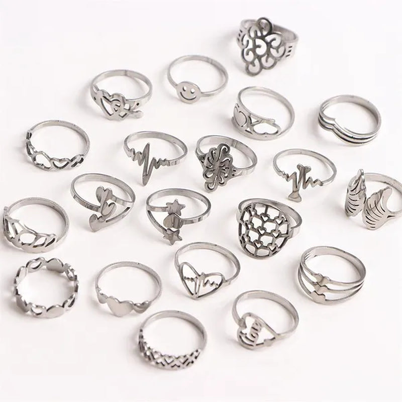 Pack of 20Pieces Womens Fashion Stainless Steel Mix Love Animal Heart Flower Style Diy Jewelry Hand Rings for Party Gifts Not Fade