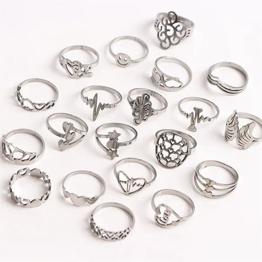 Pack of 20Pieces Womens Fashion Stainless Steel Mix Love Animal Heart Flower Style Diy Jewelry Hand Rings for Party Gifts Not Fade