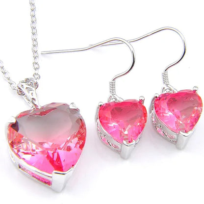 Heart Cut Shine Dazzling Pink Fire Bi-Colored Tourmaline Gemstone Silver Dangle Earrings Pendant Necklaces Jewelry Sets for Women Wedding Holiday Friends