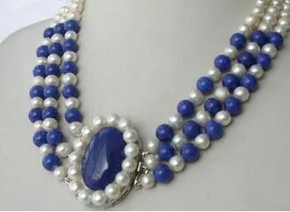 Freshwater Pearl White round &Lapis Lazuli Necklace