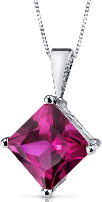 Created Ruby Pendant in 14 Karat White Gold, Classic Solitaire, Princess Cut, 8Mm, 3 Carats Total