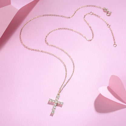 9K Solid Gold Cute Dainty Cross Pendant Necklace with White Sapphire Gemstone Fine Delicate Jewelry Mothers Day Gifts for Women, Moms
