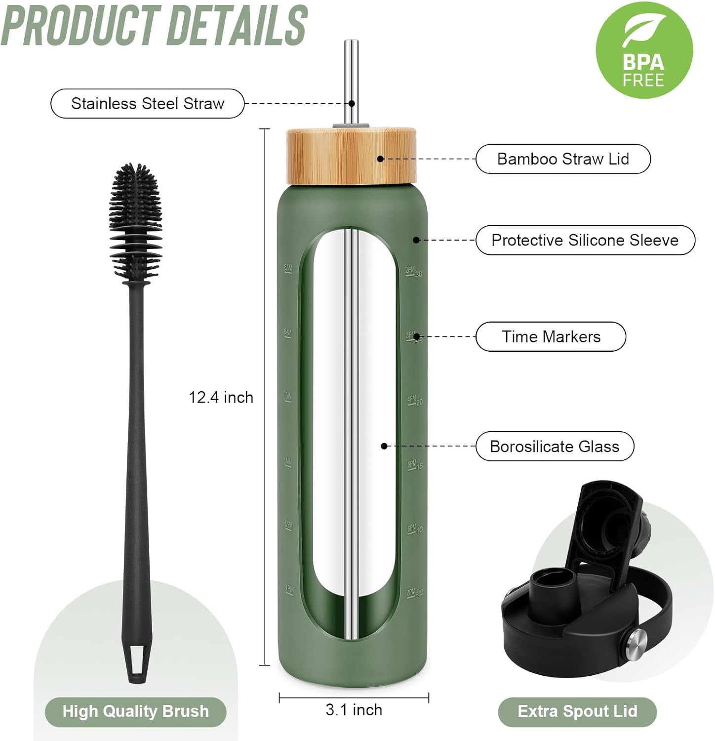 32 Oz Glass Water Bottles - 1 Liter Motivational Tumbler with Time Marker - Borosilicate Glass with Silicone Sleeve and 2 Lids, Handle Spout & Bamboo Straw Lid - WORLD TIME VISITS
