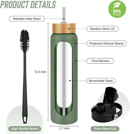 32 Oz Glass Water Bottles - 1 Liter Motivational Tumbler with Time Marker - Borosilicate Glass with Silicone Sleeve and 2 Lids, Handle Spout & Bamboo Straw Lid - WORLD TIME VISITS