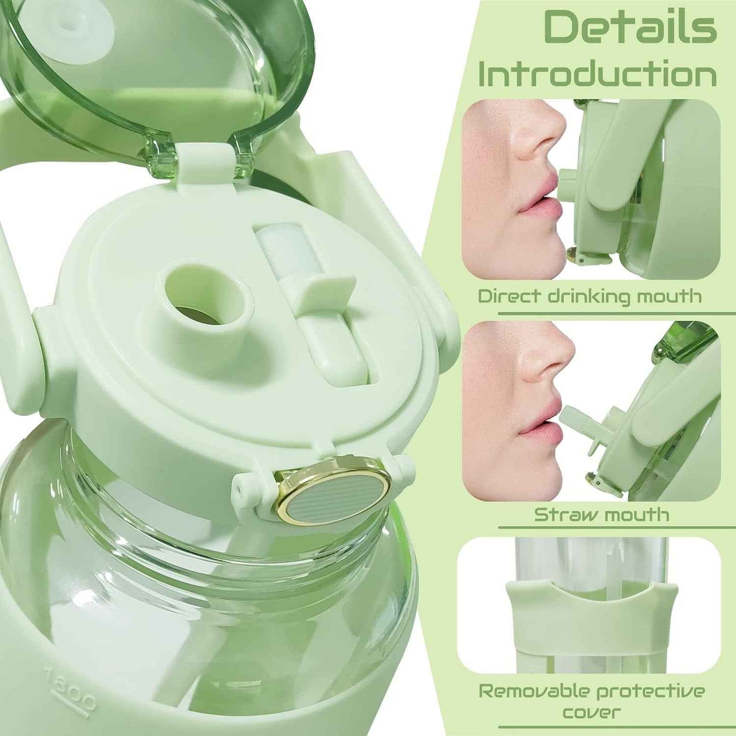 64Oz Glass Water Bottle with Straw, Reusable Half Gallon Aesthetic Water Bottles with Time Marker Large Sports Water Bottles with Silicone Sleeve and Handle for Gym Workout (Green)