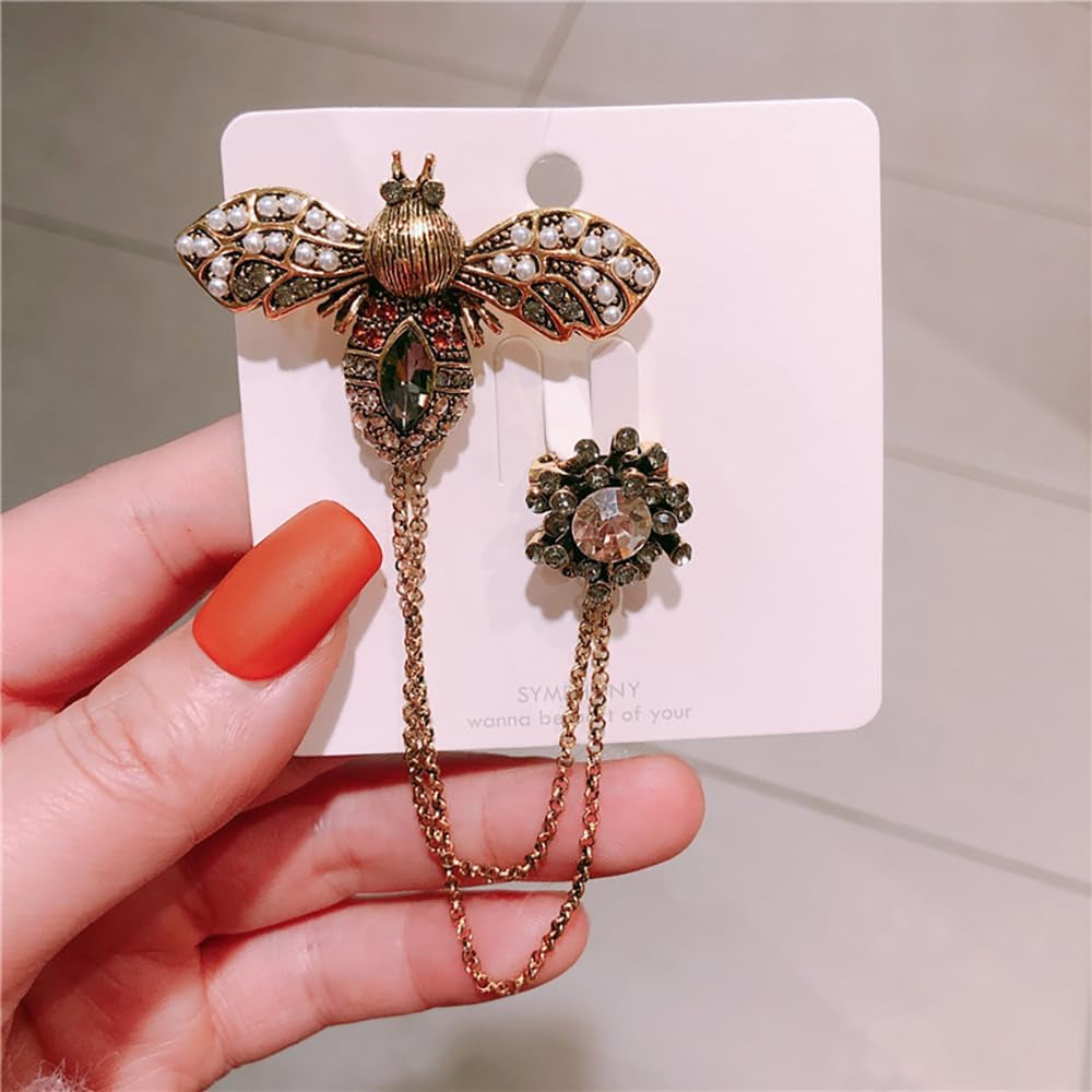 Antique Honey Bee Long Chain Collar Brooch Pin for Women Men Girls Crystal Rhinestone Flower Lapel Brooches Hanging Tassel Tie Pins Vintage Birthday Christmas Jewelry Gifts for Dress Suit Badges