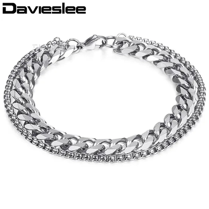 9mm Bracelet for Men Women Curb Cuban Box Link Double Chain Gold Silver Black Tone Gold Plated Stainless Steel Wristband Polished Fashion Jewelry