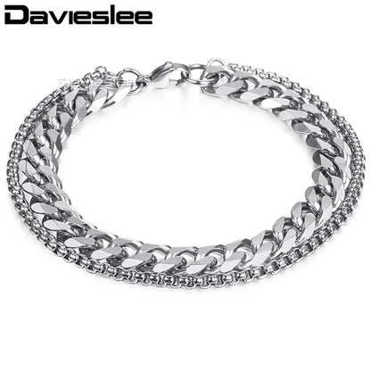 9mm Bracelet for Men Women Curb Cuban Box Link Double Chain Gold Silver Black Tone Gold Plated Stainless Steel Wristband Polished Fashion Jewelry