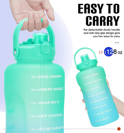1 Gallon Water Bottles with Straw, 128 Oz / 3.8L Water Bottle BPA Free Innovative 2-IN-1 Lid Gym Bottle with Times to Drink Motivational, Large for Sports Fitness Camping Water Jug One Gallon