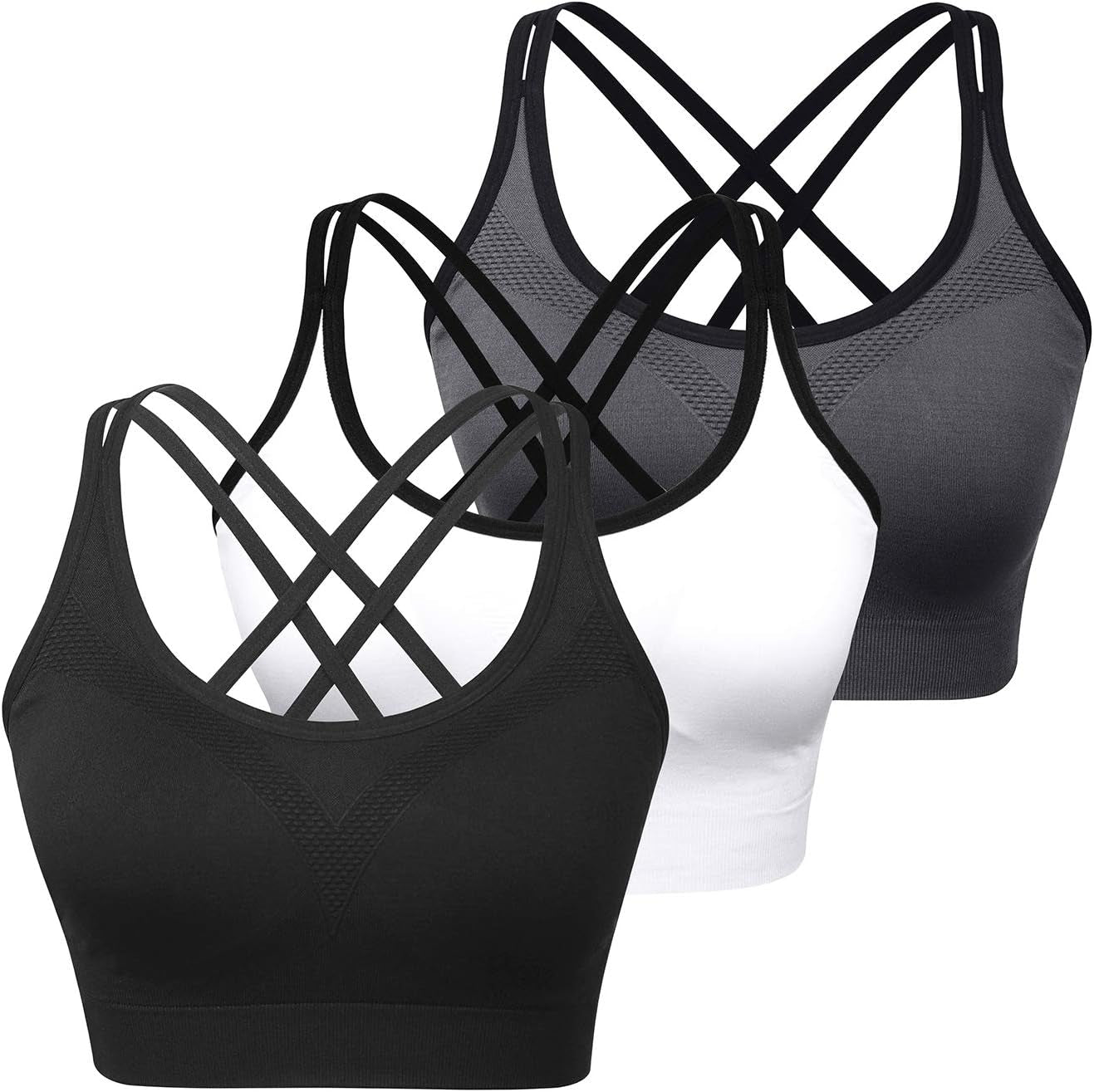 Cross Back Sports Bra for Women Padded Strappy Yoga Bra Medium Support Workout Bra for Athletic Gym Fitness 3 Pack - WORLD TIME VISITS