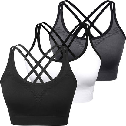 Cross Back Sports Bra for Women Padded Strappy Yoga Bra Medium Support Workout Bra for Athletic Gym Fitness 3 Pack - WORLD TIME VISITS