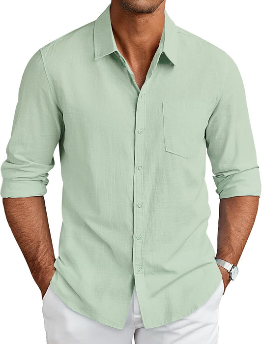 Men'S Long Sleeve Button down Shirts Casual Cotton Linen Shirts Summer Beach Shirt with Pocket