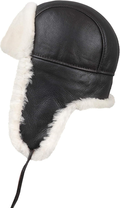 Leather Aviator Shearling Ushanka Trapper Hat Russian Sheepskin Cap Real Fur Winter Hat with Ear Flaps for Men Women