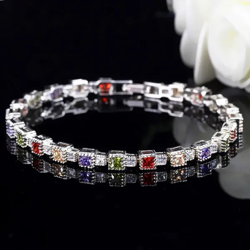 Gloriya Fashion Silver Color Elegant Charm Bangle Jewelry for Prom Women Simple Trendy Green CZ Crystal Square Tennis Bracelets