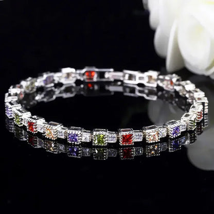 Gloriya Fashion Silver Color Elegant Charm Bangle Jewelry for Prom Women Simple Trendy Green CZ Crystal Square Tennis Bracelets