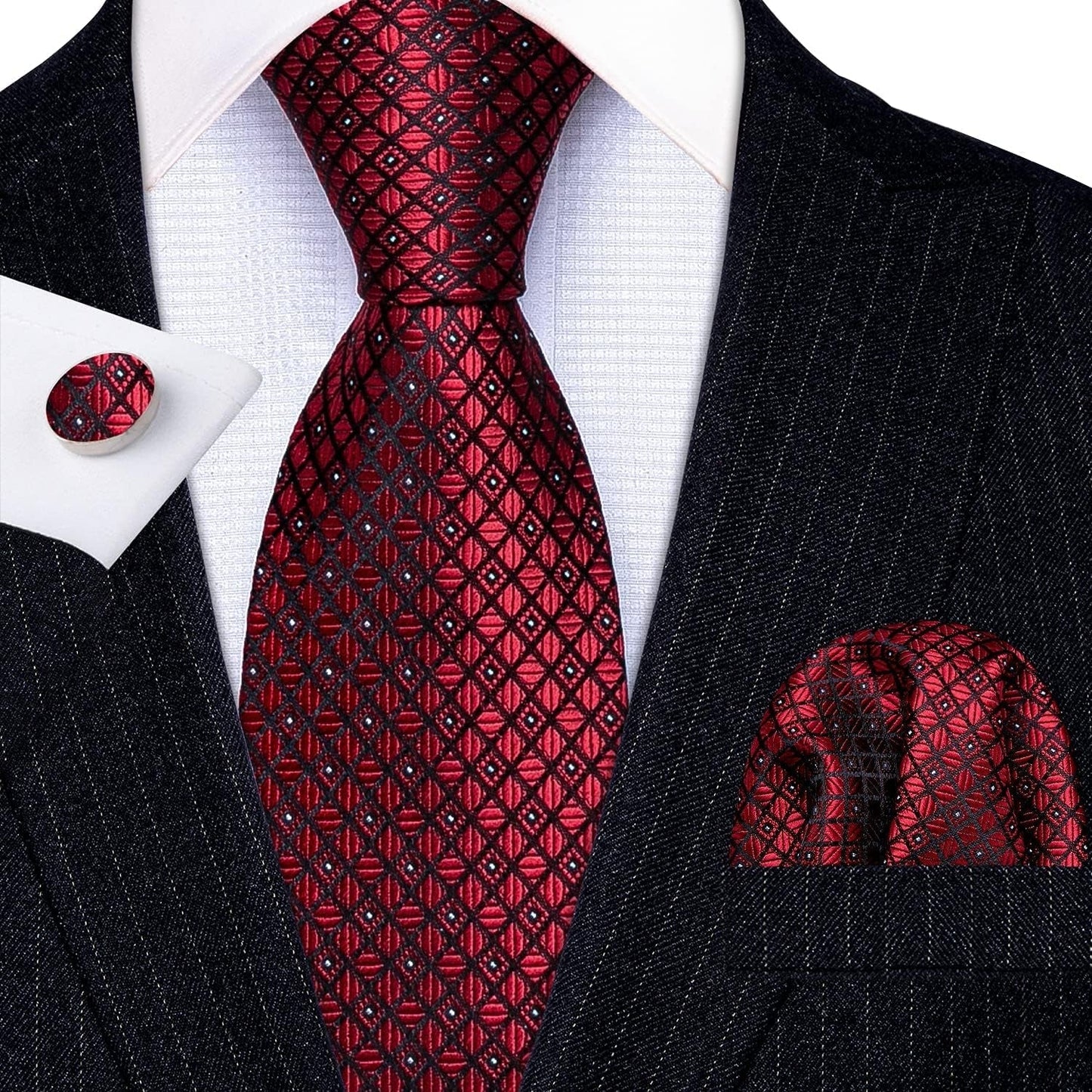 Men'S Tie Set Polka Dot Handkerchief Cufflinks Plaid Fashion Neckties Wedding Business