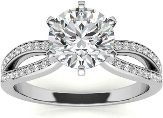 10K White Gold and 925 Sterling Silver 0.87 Carat round Brilliant Shape White Color Moissanite Diamond Pave Split Shank Wedding Ring for Her - WORLD TIME VISITS