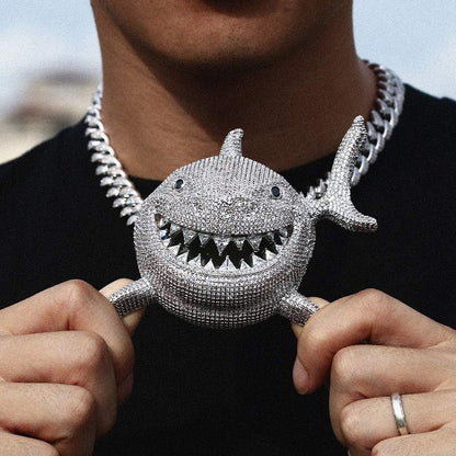 Hip Hop Jewelry 18K Gold Plated 3D Large Shark Pendant Iced Out Premium Zircon Fish Animal Creative Necklace with Free Rope Chain