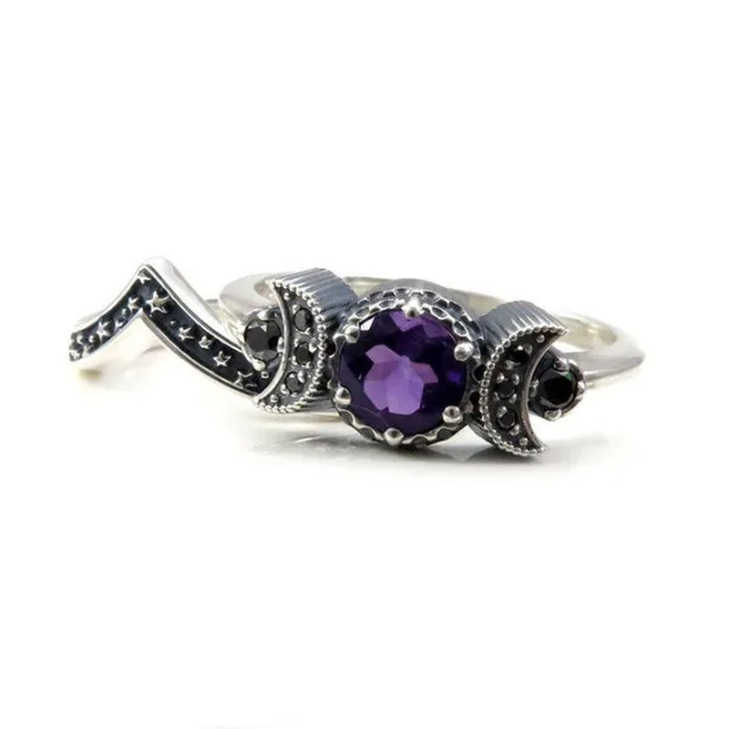 Hecate Triple Moon Ring Set Silver and Black Diamond Engagement Rings Amethyst or Red Crystal Wedding Ring Unique Moon Goddess Rings for Women Fashion Jewelry Boho & Hippie & Gothic Anniversary Gift