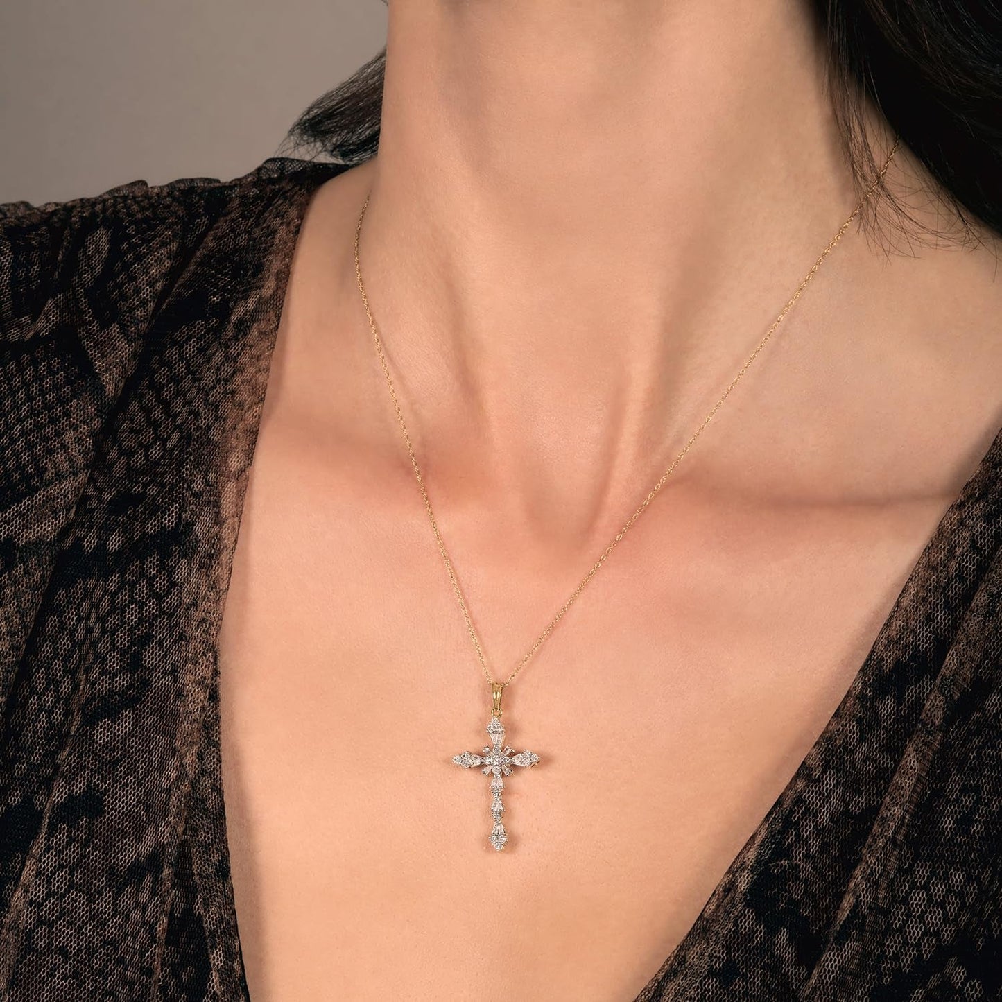 Cross Pendant Necklace in 10K White and Yellow Gold with 1/2 Cttw Natural White round and Baguette Diamonds 18" Rope Chain