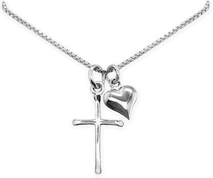 Delicate and Dainty Sterling Silver Cross Necklace with Puffed Heart Charm for Women, 18 Inches