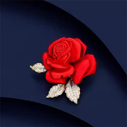 Enamel Rose Flower Brooch Pin for Women Girls Gold Plated Elegant Crystal Red Creative 3D Floral Dainty Dress Accessories Valentine Mother Birthday Jewelry