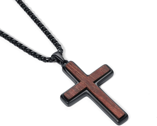 Wooden Cross Necklace for Men, Natural Sandalwood Inlaid with Black Stainless Steel Pendant, Mens Cross Necklaces Including 24 Inch Box Chain. Christmas Gifts for Husbands, Fathers, Sons, and Friends. ﻿