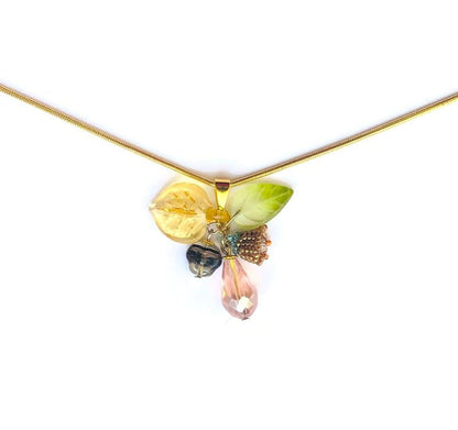 Beadwoven Lily Flower Cluster, Ombre Glass Leaf, Beige Pink Floral Crystal Briolette Pendant, Gold Filled Long Snake Chain