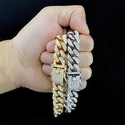 13MM  24K Gold/925 Silver Iced Out BlingBling Diamond Cuban Link Chain Miami Choker Necklace Bracelet Jewelry Set for Fashion Men and Women Hip Hop Jewelry - WORLD TIME VISITS