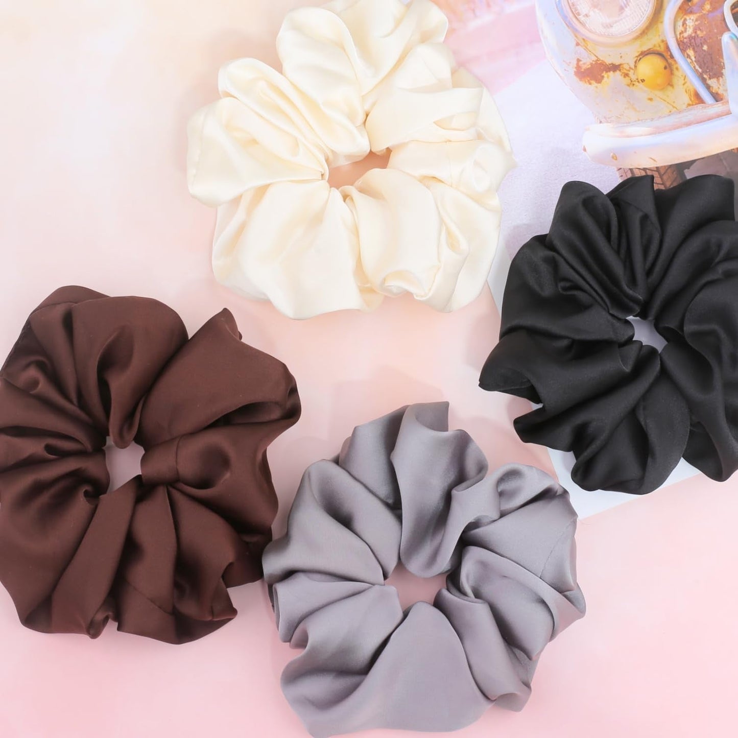 Big Scrunchies for Women Thick Hair, Premium Satin Softer than Silk, XL 6 Inch Extra Large Scrunchy Elastic Hair Bands Accessories, 6 Pack, Neutral