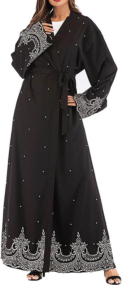 Women Muslim Dress Middle East Arabian Robe Islamic Abaya Long Sleeve Rhinestones Embroidered Cardigan Dress