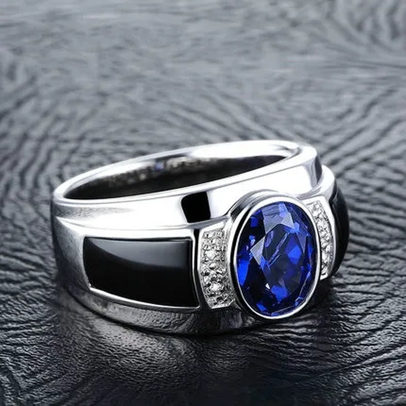 Business Men'S Fashion Ring Blue Zircon Ring Wedding Engagement Party Jewelry